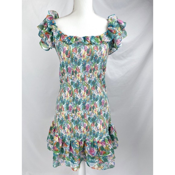 Astr Dresses & Skirts - ASTR The Label XL Green Pink Blue Floral Smocked Sleeveless Dress Flutter Sleeve